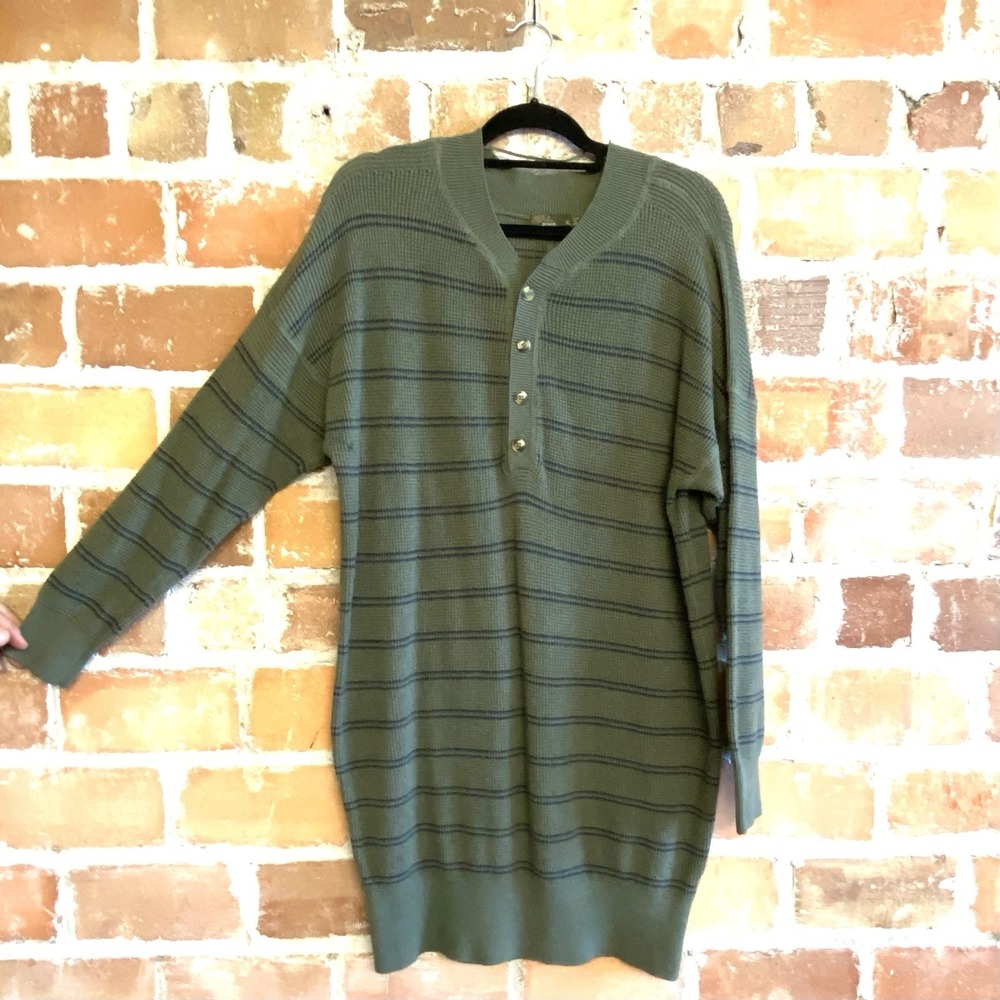 Prana Long Sleeve 1/4 Button Down Long Tunic Green Black Striped Sweater XL